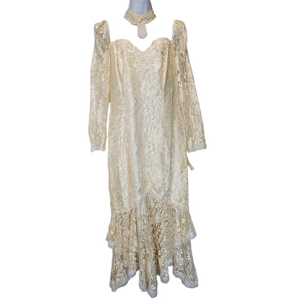 Rare VTG Michaelangelo Wedding Dress NWT David`s Bridal Lace Peral Cream Size 14